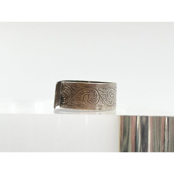 Floral Hand Carved Cigar Banded Shank 925 Sterling Silver Vintage Ring - sz 9 - Picture 4 of 11